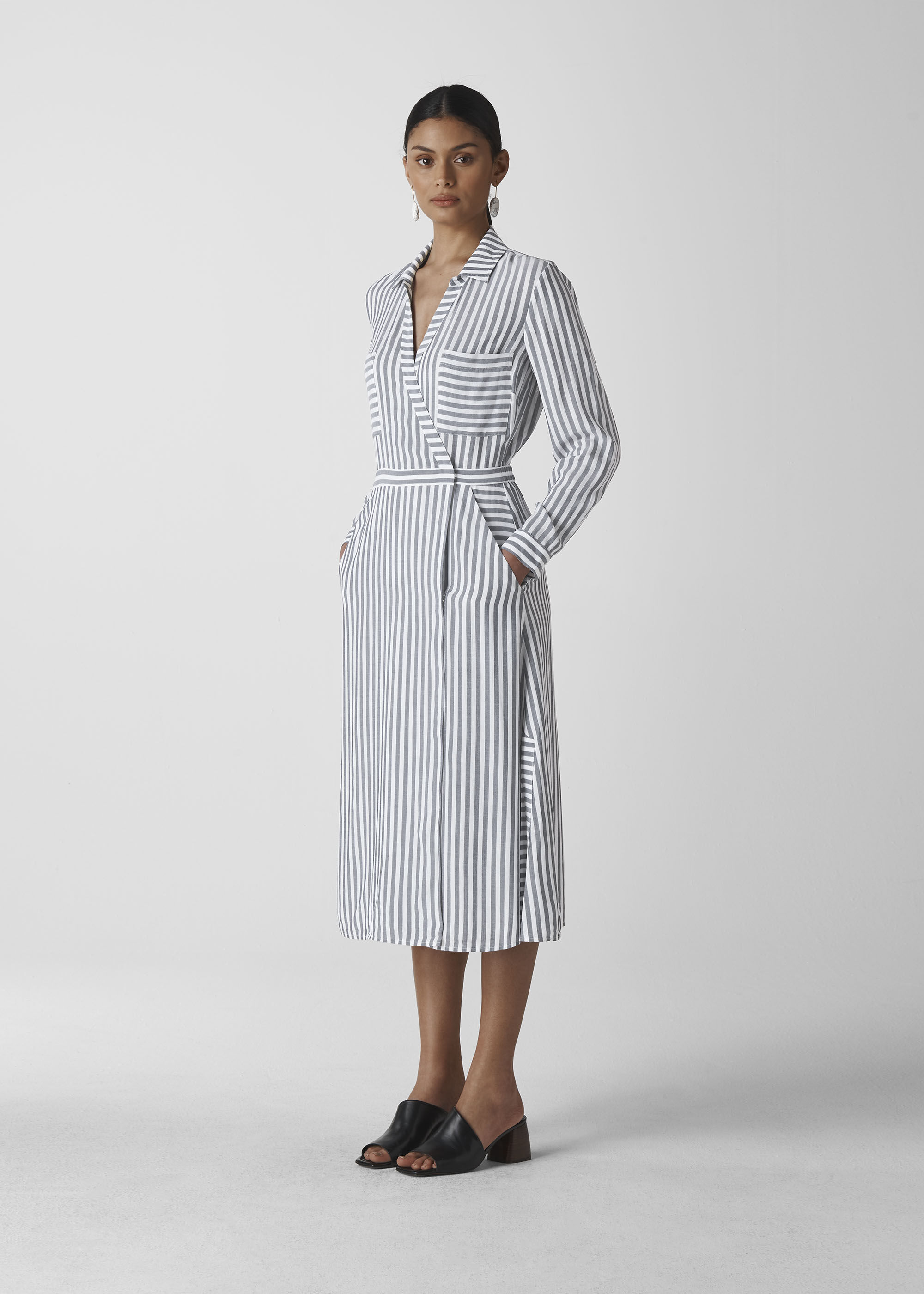 Grey/Multi Stripe Wrap Shirt Dress | WHISTLES | Whistles